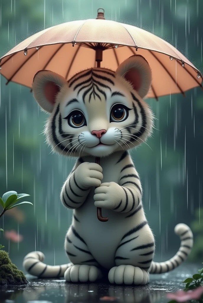 A solid gray tiger holding an umbrella,Drenched in heavy rain,Chinese style,cute style,Realistic and cute