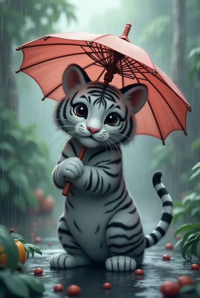 A solid gray tiger holding an umbrella,Drenched in heavy rain,Chinese style,cute style,Realistic and cute