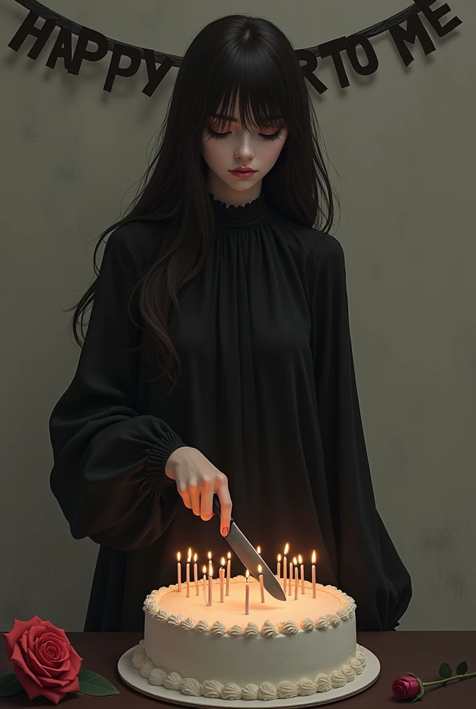 The beautiful young women cut she's birthday chocolate cake alone ( use knife ) on the cake 20 latter number candle and she face full sadness. and she's waring black frock with full sleeve and covered nack dress and long hair and his tablein one rose and happy birthday to me banner on she's back wall