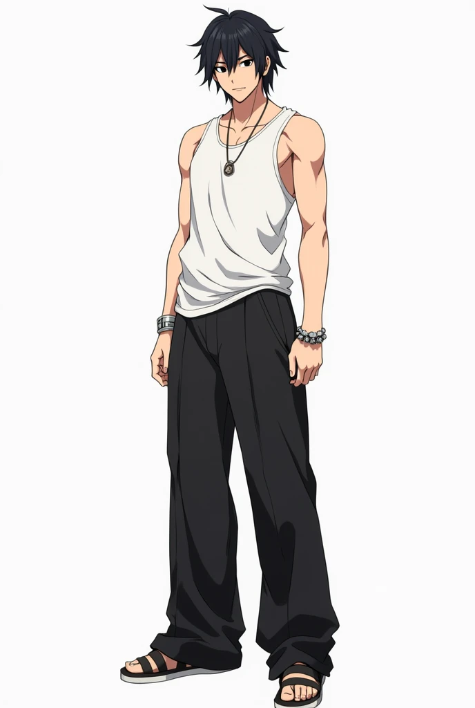 A male character from the anime "tensei shitara slime datta ken", with black hair, white tank top and black wide pants. Full-body image. white background image. he likes fossils and accessories
