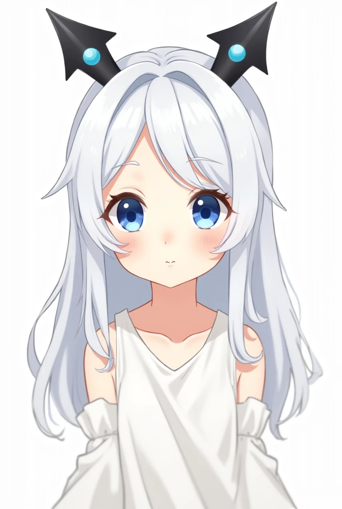 A Japanese anime style girl with long white hair,Hairstyle is M-shaped bangs,There are two black head ornaments on the top of her head that resemble upward arrows.,There is a blue round bead in the middle of each arrow.,Has blue eyes,Wearing a short white dress