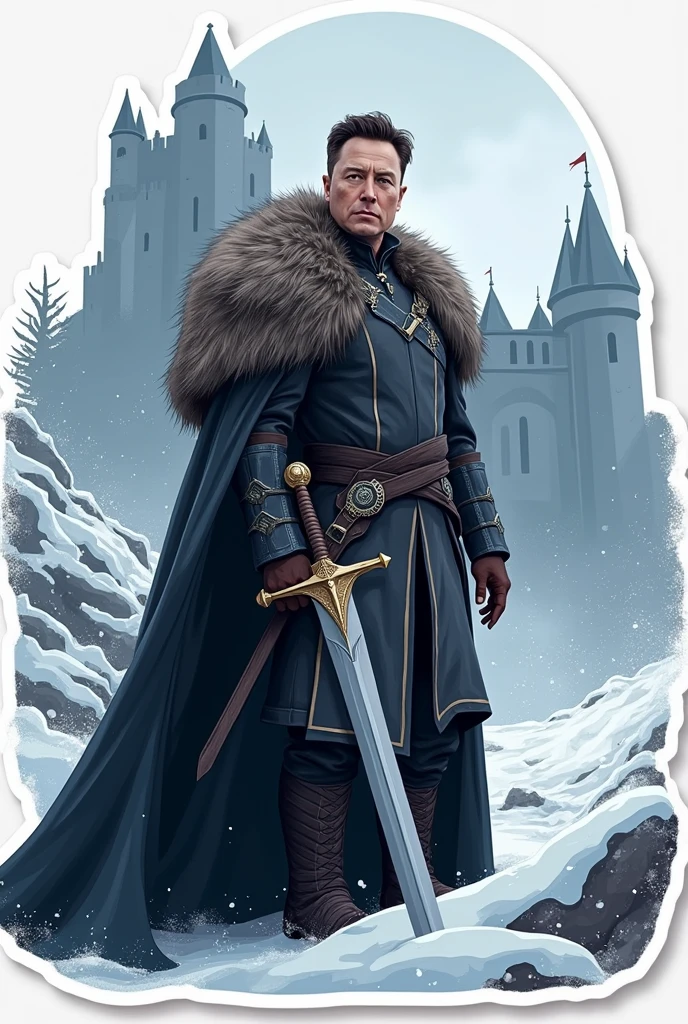 Vector image sticker art of Elon Musk as a lord of winterfell with sword