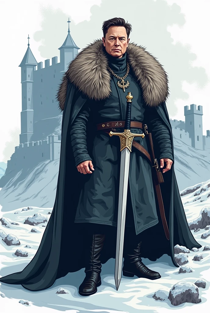 Vector image sticker art of Elon Musk as a lord of winterfell with sword 