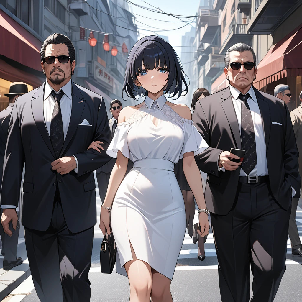 ((Highest quality)), ((masterpiece)), (detailed), (Perfect Face)、The woman is Reika Aoki, the wife of a mafia boss, with medium-long black hair and an engagement ring.、The woman is walking side by side with the mafia boss and is walking through the city with his mafia entourage.