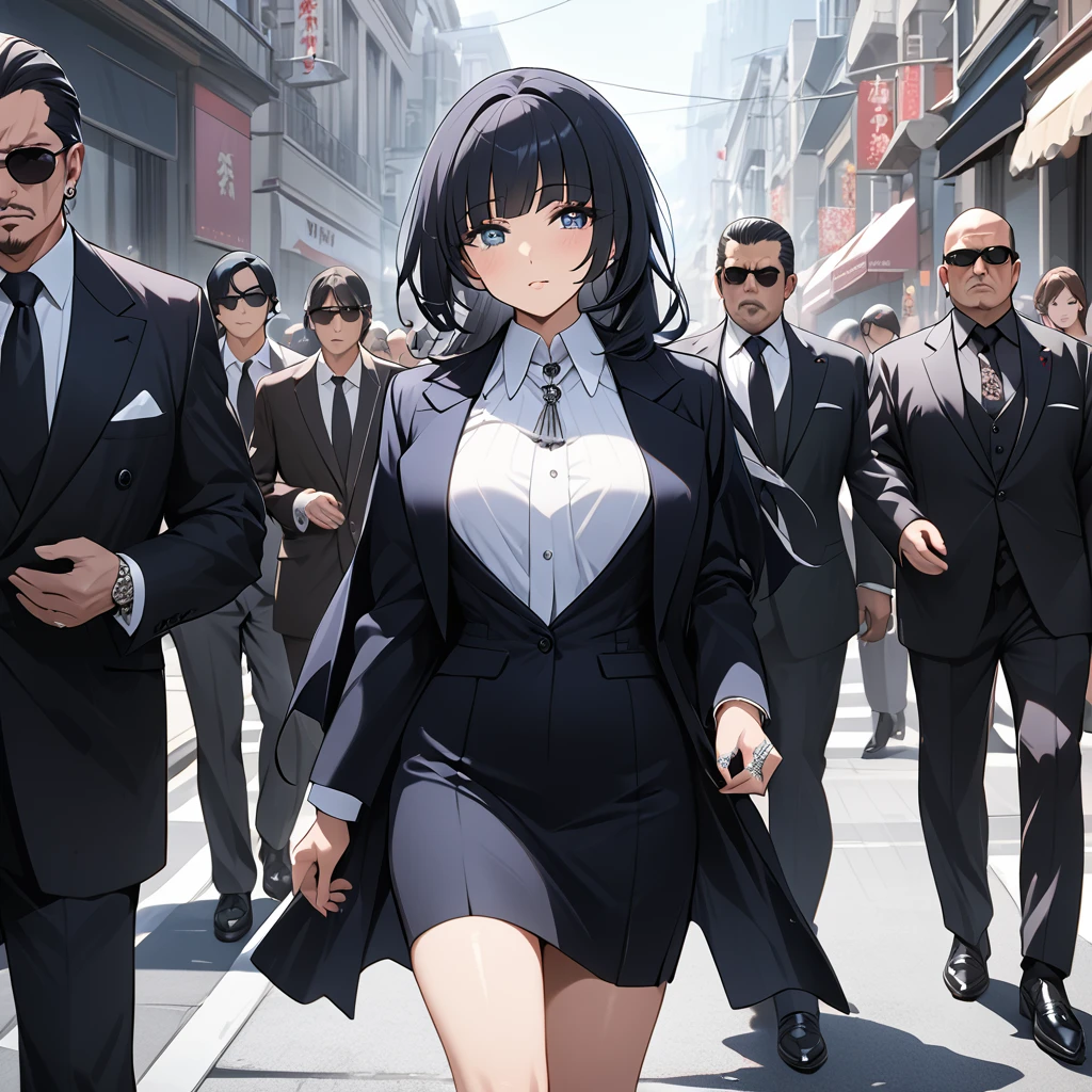 ((Highest quality)), ((masterpiece)), (detailed), (Perfect Face)、The woman is Reika Aoki, the wife of a mafia boss, with medium-long black hair and an engagement ring.、The woman is walking down the street with a mafia boss and his entourage.