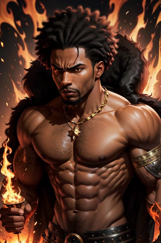 a black man, shirtless, six pack abs, short afro, the king, crown on fire, angry, album cover, plain background, alpha, mob boss aesthetic, 