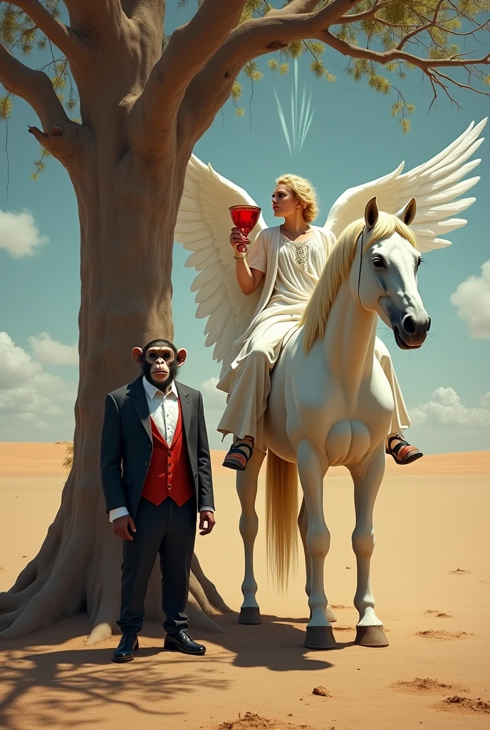 An angel in a desert under a tree drinks blood. next to the angel stands a monkey in a black suit on a white horse
