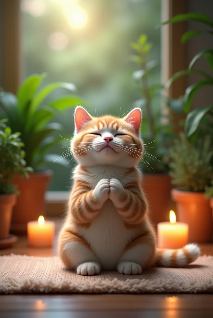 The main character is a cute cat sitting on a yoga mat、Taking a deep breath and relaxing the body。There are green plants and candles in the background.、There is a relaxed atmosphere