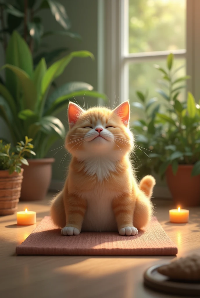 The main character is a cute cat sitting on a yoga mat、Taking a deep breath and relaxing the body。There are green plants and candles in the background.、There is a relaxed atmosphere