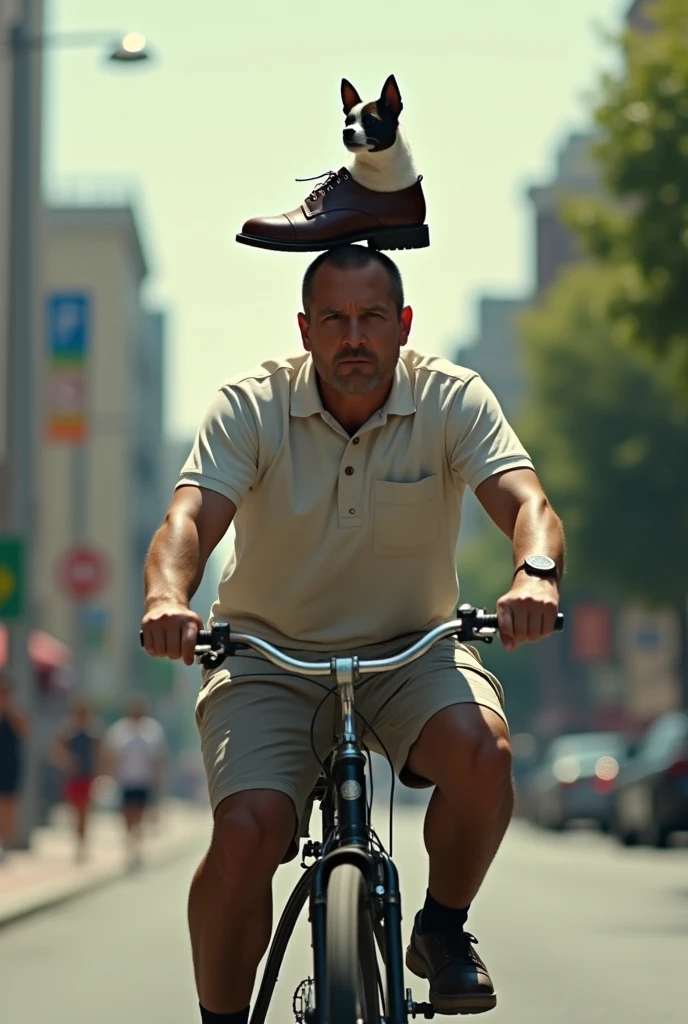 Create an image in which a man take a shoes on his head and riding cycle and at the back seat stand a small dog remember the side view
