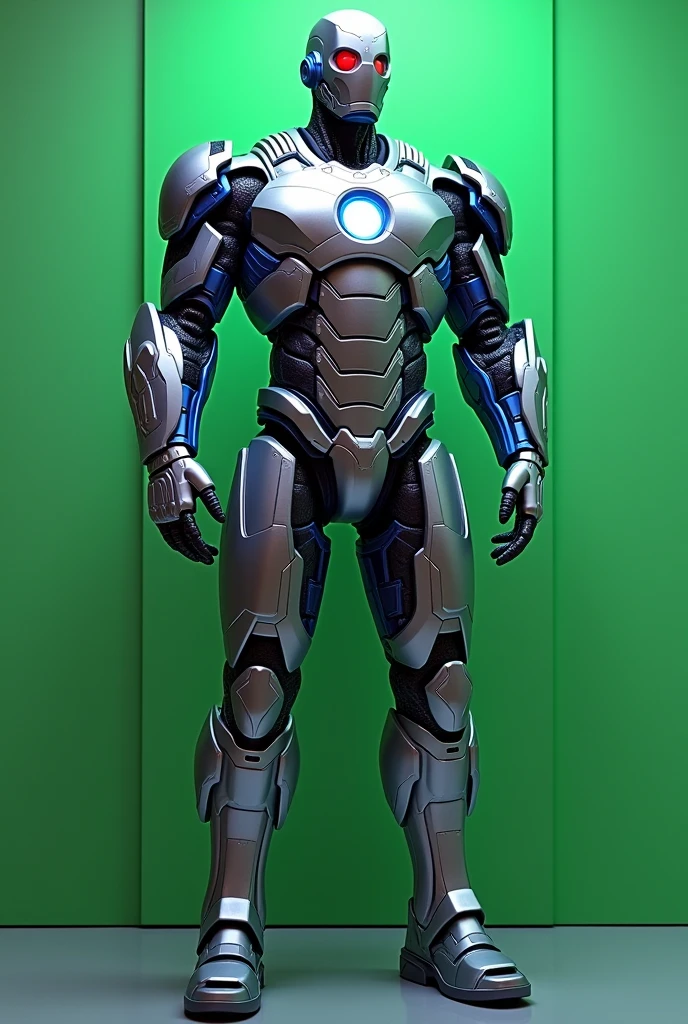 Create a realistic image of the Marvel cyborg(silver and blue armor with an old glowing circle on the chest, left eye cyborg red circular, part of the head is also cyborg and the other part is black human), de corpo inteiro, put a green wall in the background