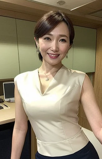 4K, Ultra-high resolution,RAW Photos,masterpiece, Highest quality,Realistic, photoRealistic,Sharp focus,Professional Lighting,Beautiful Eyes,Beautiful Face,photoRealistic,masterpiece,Highest quality, a sexy 45 yo beautiful japanese woman in the office, ((smile)),short hair, (Sophisticated and modest clothing for a 4 woman:1.5), Mega , Cleavage, Are standing,((Underarm:1.2)) Wearing high heels,(((Tight Skirt))),((Sleeveless blouse)), ((office)), morning, ((Front view:1.2)),((From below)),((Low position)), Earrings,necklace,Detailed eyes, office,window