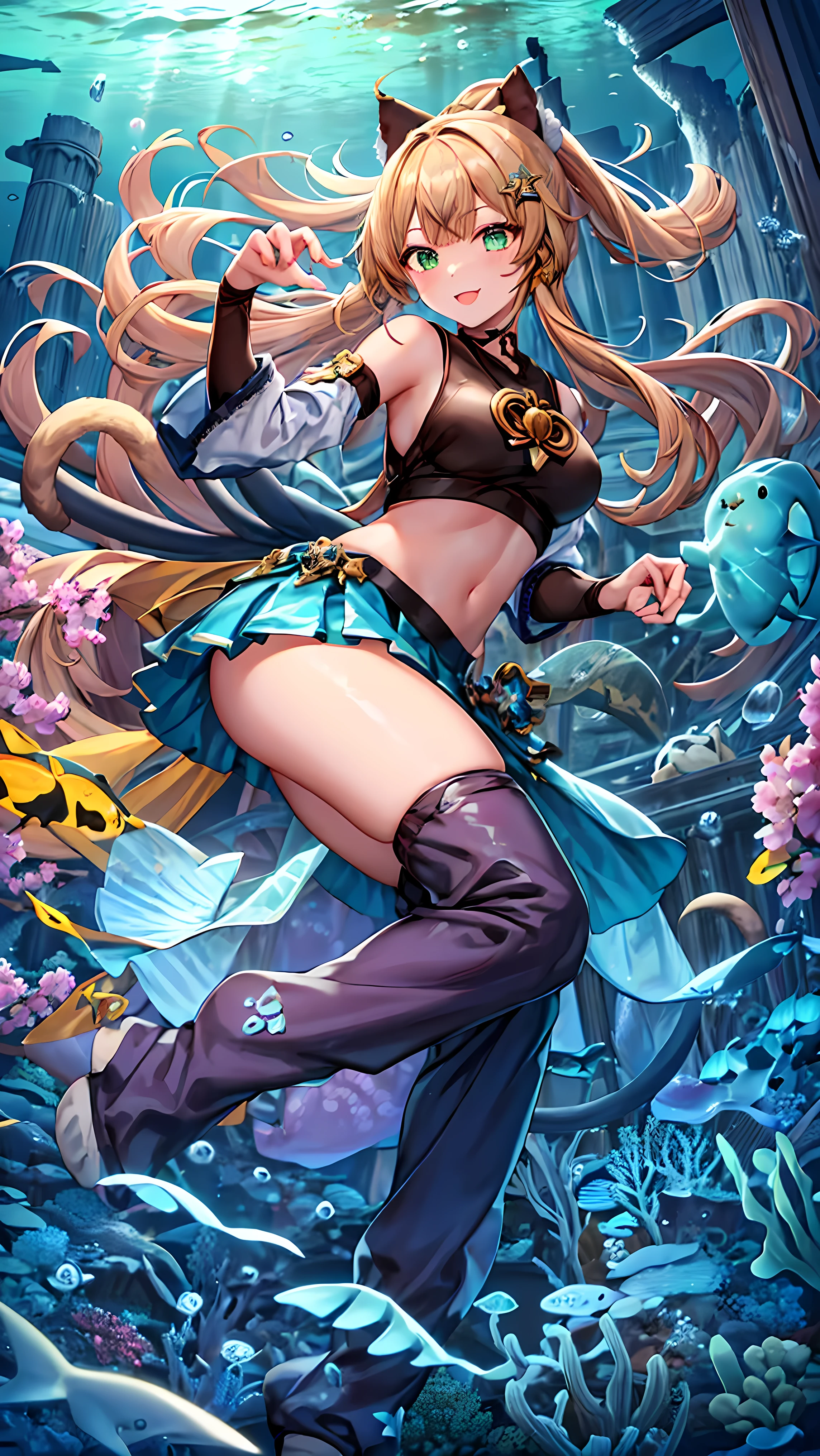 Realistic image, Consistent image, Detailed Images, 1 girl, She has pale ash blonde hair growing in clumps.、Has green eyes, Some of her hair is tied up in a high ponytail.. She is wearing brown cat ears decorated with gold and flowers.. She has some yellow and brown hairpins in her hair., There is also a flower-shaped clip on the right side of her hair.. She has a delicate oval face, blush, smile, She wears a crop top, Pleated mini skirt, Long Stockings, Sneakers, Medium chest, Curved body, Thick thighs, Embarrassing pose, , BREAK つやのある瞳, Beautiful Eyes, Enchanting, Erotic, つやつやな肌 BREAK indoors, BREAK looking at viewer, (Dynamic Angle, whole body:1.5), smile, Composition from below, Thighs, sexly, BREAK (masterpiece:1.2), Highest quality, High resolution, unity 8k wallpaper, (figure:0.8), (Beautiful fine grain:1.6), Highly detailed face, Perfect lighting, Highly detailed CG, (Perfect hands, Perfect Anatomy) BREAK ((masterpiece,Highest quality)), Super detailed, Shine, shine, Ray Tracing, (Perfect Face, Detailed face, Fine grain, Perfect hands, Perfect Fingers:1.5), HD, Super cute face, Highest quality, Super detailed, BREAK Shine目, (highest quality realistic illustrations), (Super fine), (Cute illustrations:1.3), (High chroma:1.3), BREAK 詳細な美しい顔と目, Dynamic lighting, (Very delicate and beautiful), BREAK (Nice hands), (Perfect hands:1.4), Highly detailed illustration, Super cute and beautiful, Highest quality, Slender, petite,ベビーフェイス BREAK,(Undersea ruins:1.5), (Complex background, There are many elements in the background:1.2), ((Super detailed background)), ((8K wallpaper)),
