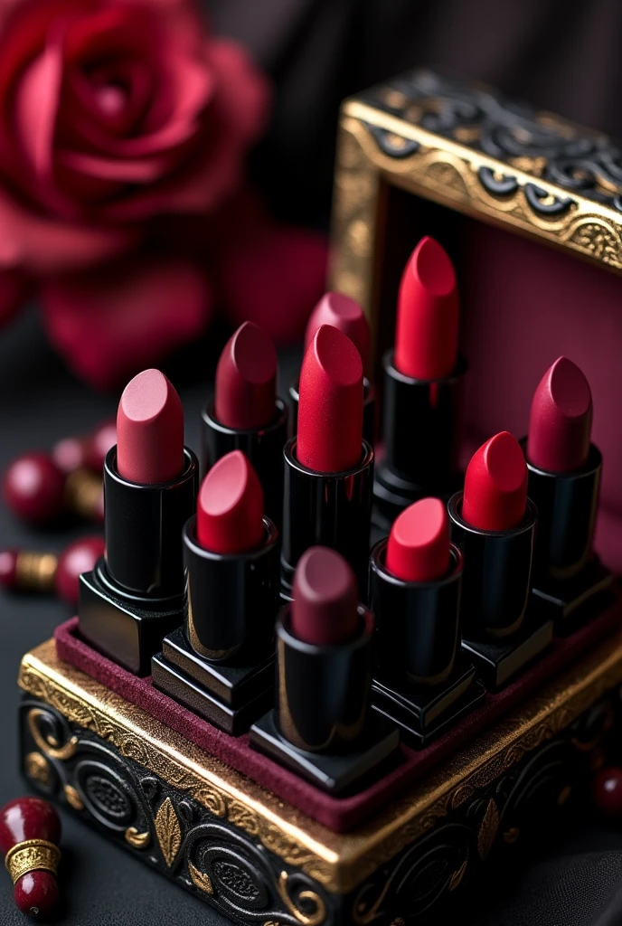 Create 10 dark lipsticks in a luxurious box from front