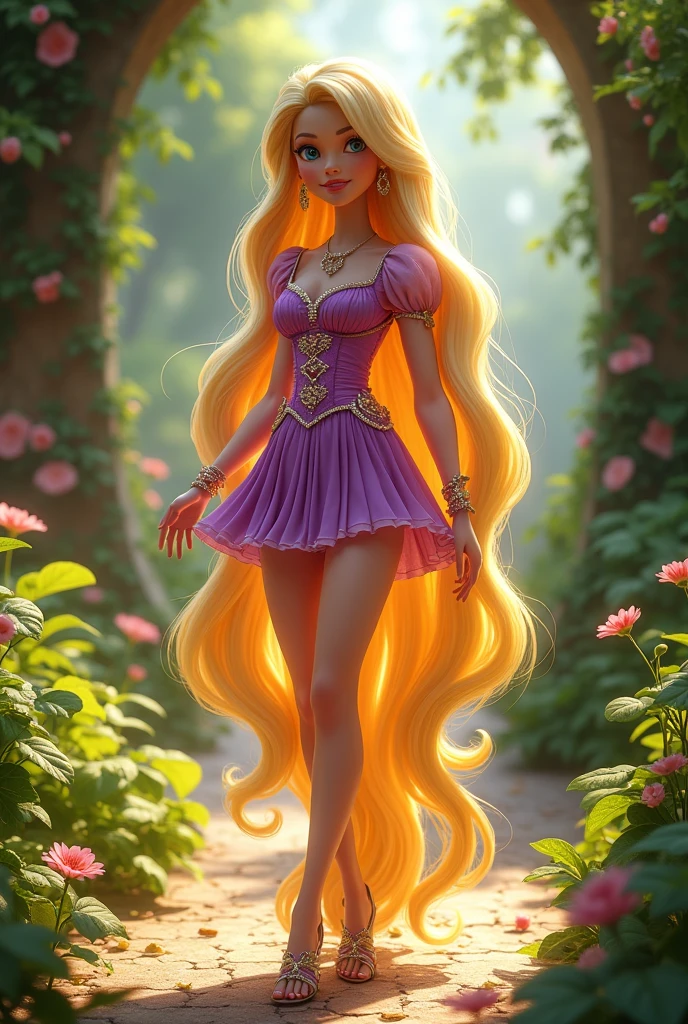 Rapunzel Disney IA with shorts dress and high heels sandals