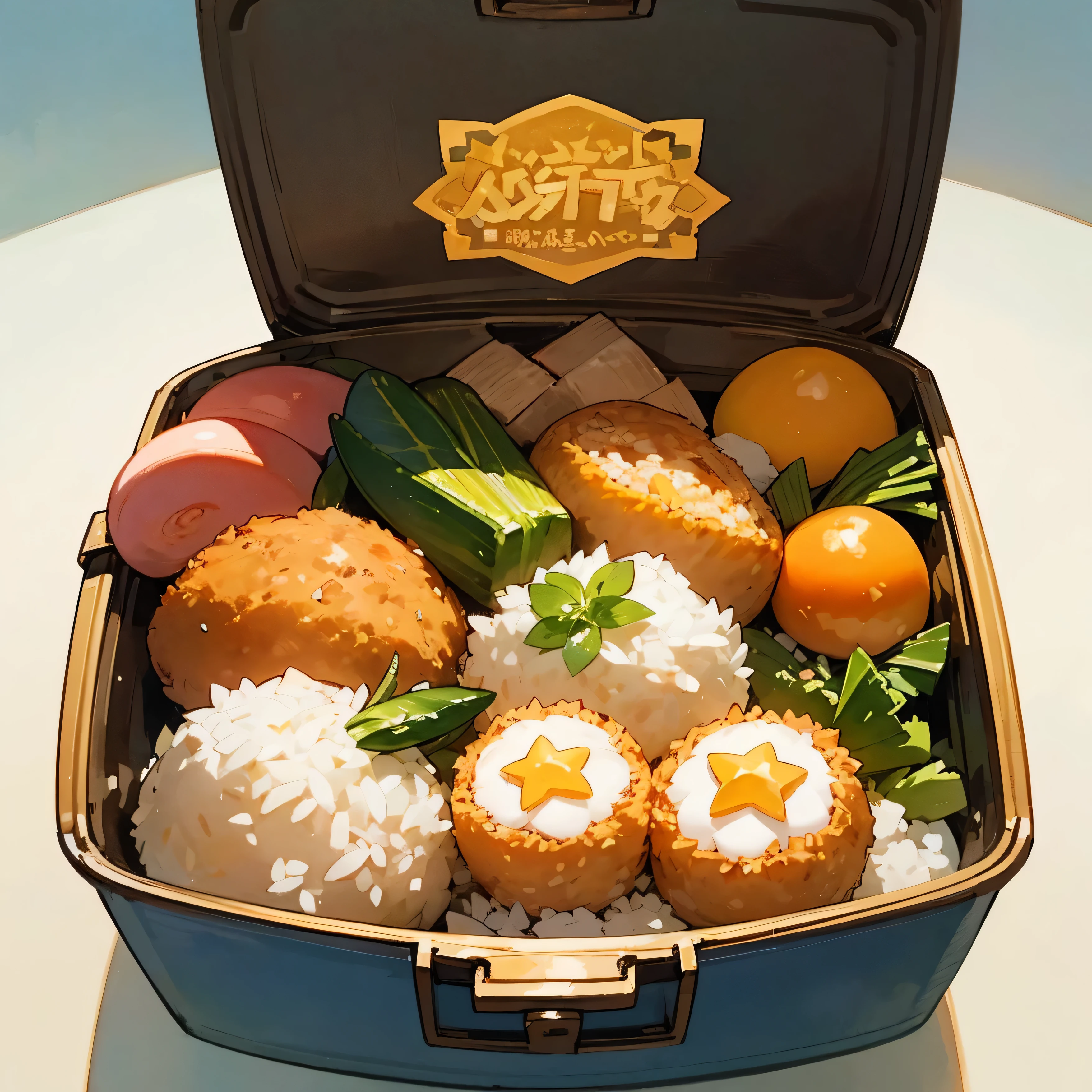 Illustrations for children's picture books,realistic, detailed illustration,A close-up view of an open, beautifully crafted bento box. The box is filled with a variety of colorful, meticulously arranged dishes - clearly Aya's favorites. There are cute animal-shaped rice balls, vibrant vegetables cut into flower shapes, golden fried foods, and more. Each dish is emitting small, twinkling star-like lights, giving the entire bento a magical, ethereal glow. The overall effect is both appetizing and enchanting, (focus on lunch box:1.2)., hand-painted style, digital art touch,(illustration:1.5), (Watercolor:1,2)