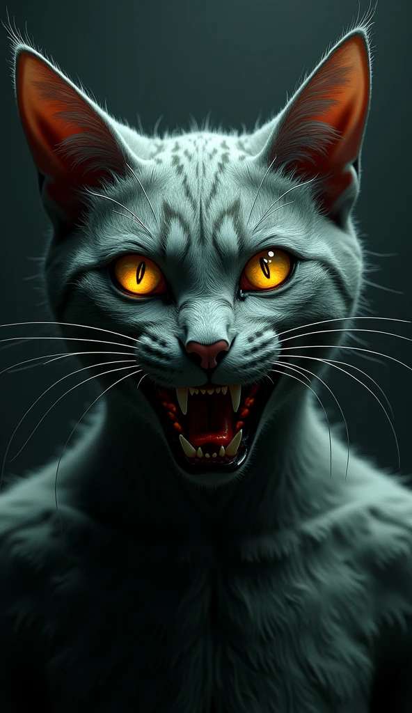 3d、Ultra HD、Front view、Horror、Digital Art、An illustration、The cat is glaring with its yellow eyes shining、Cat with mouth wide open、Human body and face is cat、The background is dark and shiny