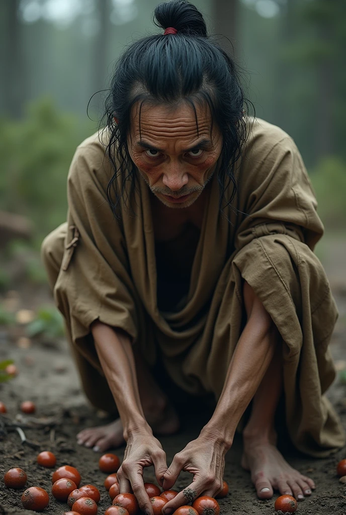 a starving poor peasant in feudal japan, collecting acorns and peeling their skin to eat, emaciated, poor, malnourished, medieval, feudal era, 1600s, traditional japanese clothing, tattered clothes, outdoors, natural lighting, muted colors, gritty, cinematic, dramatic lighting, chiaroscuro, 8k, highly detailed, photorealistic, masterpiece