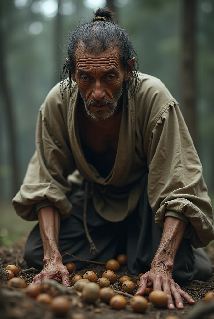 a starving poor peasant in feudal japan, collecting acorns and peeling their skin to eat, emaciated, poor, malnourished, medieval, feudal era, 1600s, traditional japanese clothing, tattered clothes, outdoors, natural lighting, muted colors, gritty, cinematic, dramatic lighting, chiaroscuro, 8k, highly detailed, photorealistic, masterpiece