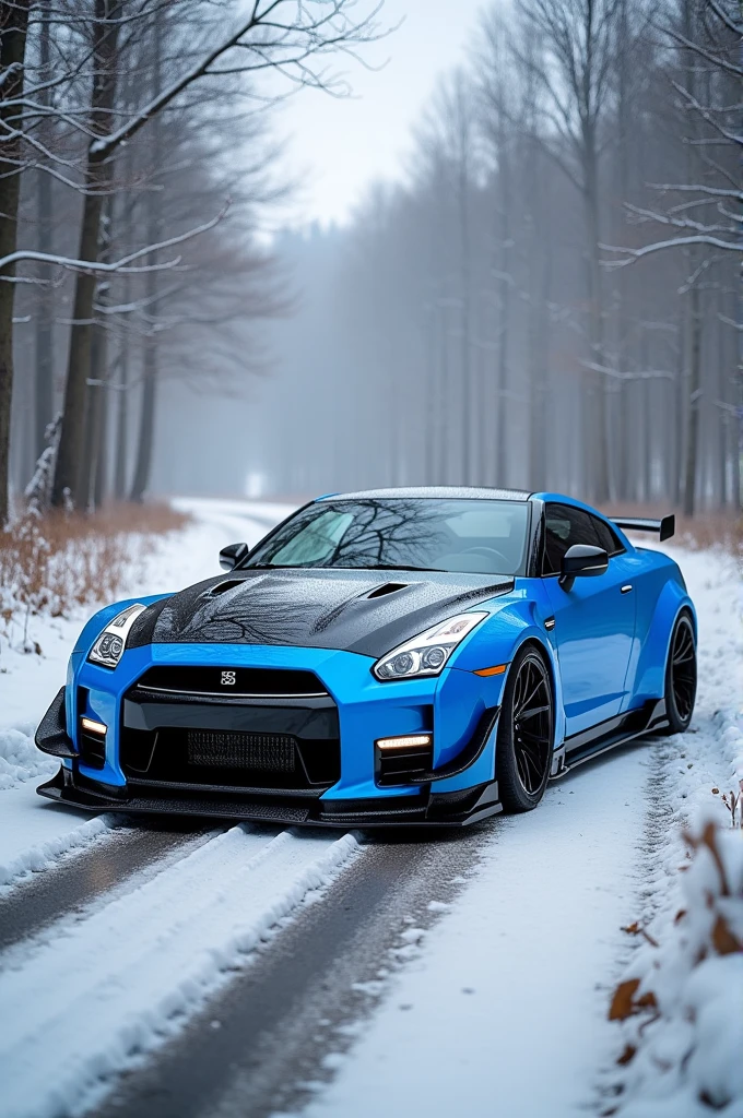 Thar body kit blue and black in winter road along with trees