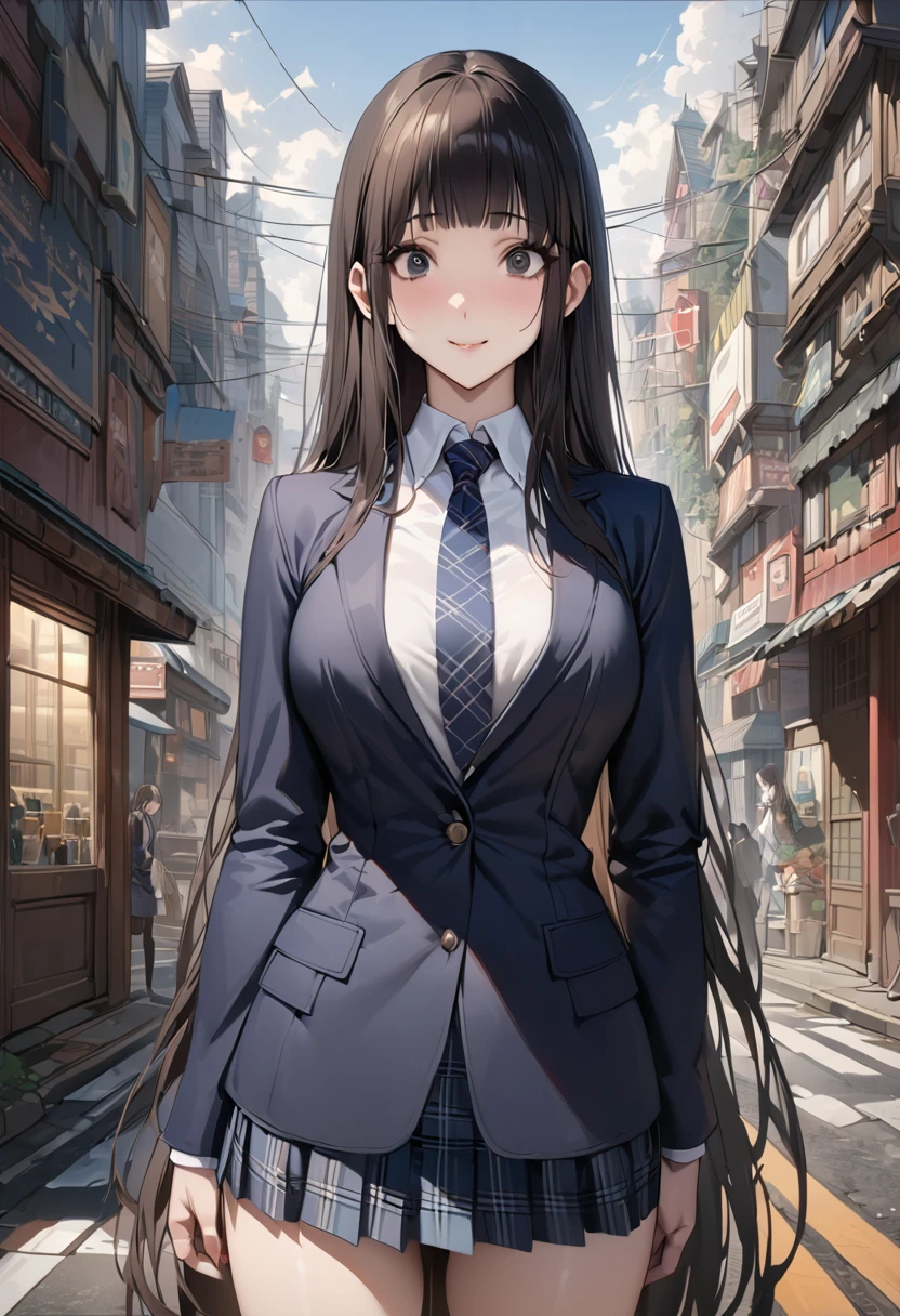 Fantasy art、((masterpiece,best quality anime,Highest quality:1.3)),realistic,portrait,cowboy shot,1woman,(Mature Beauty),((very small head:1.4)),((very long body:1.3)),long hair,black hair,bangs,(gorgeous big eyes),black eyes,smile,(School uniform、Dark blue blazer jacket、Navy blue tie、Dark blue plaid mini skirt),white collared shirt,((slender body:1.3,skinny:1.2)),medium breasts,standing,on road,Magic City、High-rise buildings、A world of magic and science,