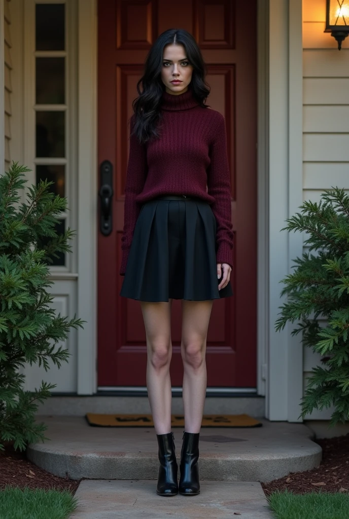 Jade West standing at Tori Vega's door dressed in a black skirt, wine colored sweater and black high heel boots