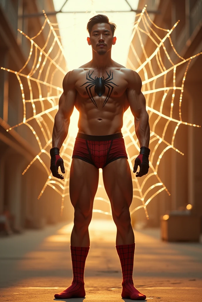 In the alluring image is a handsome Chinese man 3 with his fair skin radiant like a prince, the background is in a large and bold warehouse, his charm radiates as he proudly shows off his six-pack abs and shows off his muscular arms in a full standing pose. He is wearing sexy spider-patterned underwear wearing spider-patterned gloves, wearing spider-patterned socks, which accentuate his body shape, He stands in the middle of a giant spider web of his own creation, surrounded by a large spider web behind him, Bathed in the golden light of a beautiful day. With unmatched attention to detail., This photorealistic portrait combines Superhero style., Capture every detail of his textured skin in 8k resolution. Leica digital SLR camera. His features are clearly visible., From his deep-set eagle-like eyes to his sculpted jaw., Make this image a true masterpiece.. Lift.  (8K UHD、RAW Photography、Leica Digital SLR Photorealistic Portraits、Realistic images), large protrusion