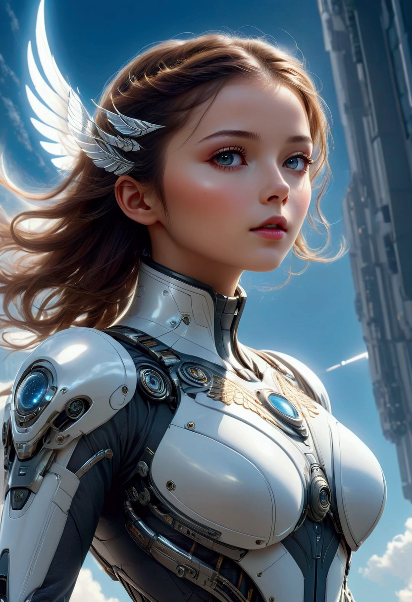 photorealistic image of AI girl in exosuit as supermodel with a jet wings soaring to the sky leaving light trail behind her, intricate detailed, front view, looking forward, low angle shot, karol bak uhd, beautiful digital artwork, 