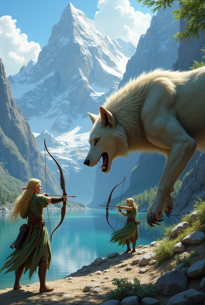In a mountainous landscape, on the edge of a lake, there are two elves, blondes, archers fighting a giant wolf.