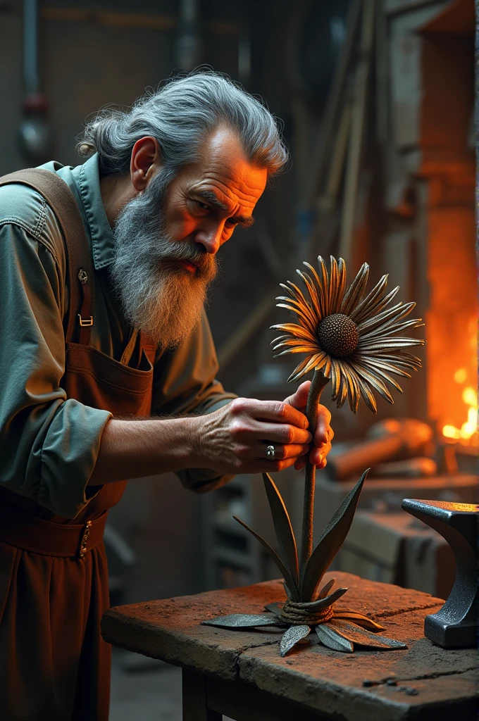 Create a craftsman making a flower out of iron and tin 