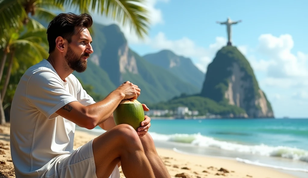 lionel messi, casual outfit, drinking coconut water at beach in rio de janeiro, cristo redentor background