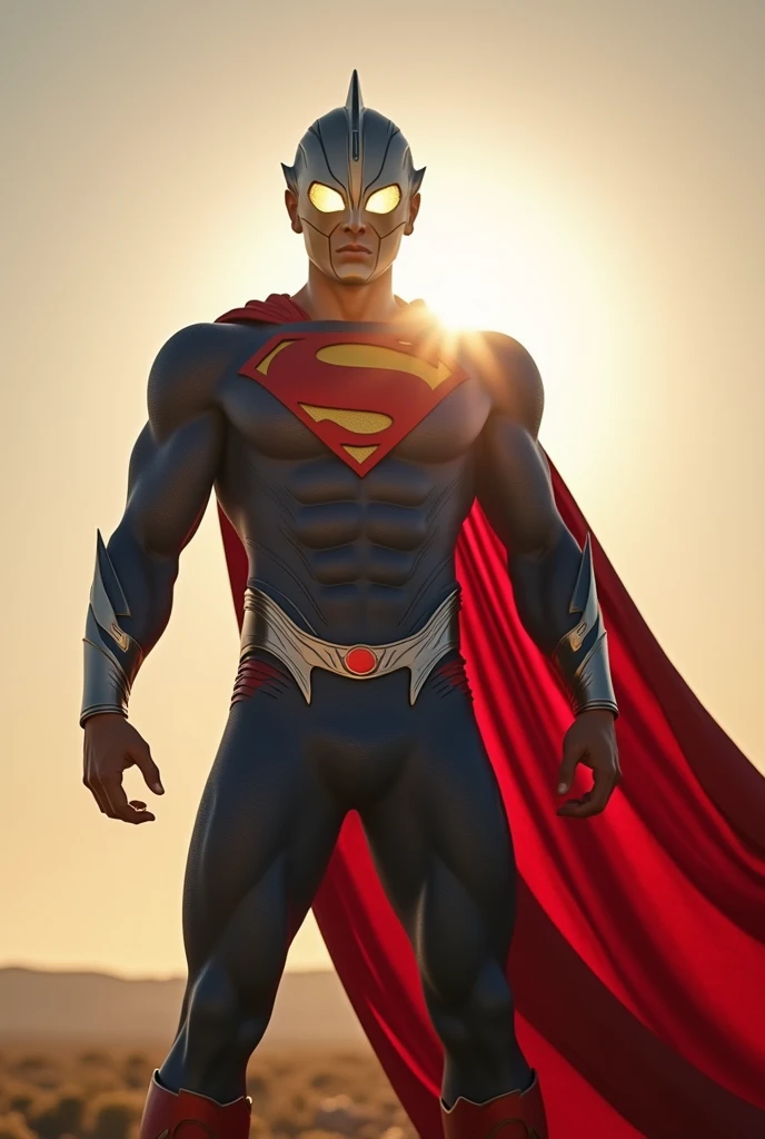 Fusion of superman and uktraman using the helmet/Ultraman mask in the skies with eyes and hands shining about to shoot his rays and with the sun behind him and the cape waving like a flag