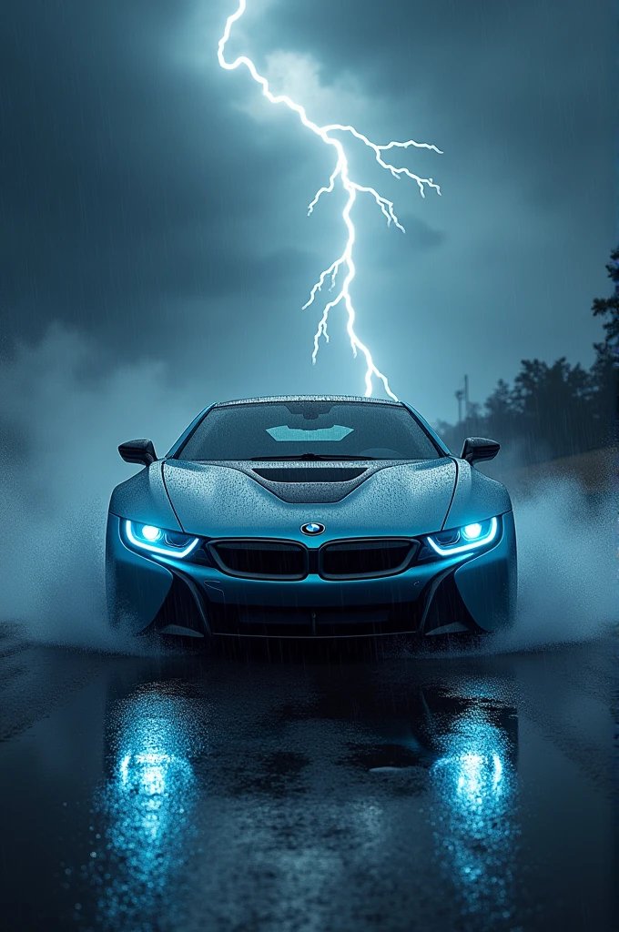 Generate an image of a bmw in thunderstorms with blue colored headlights and make the image more aesthetic and scarring 