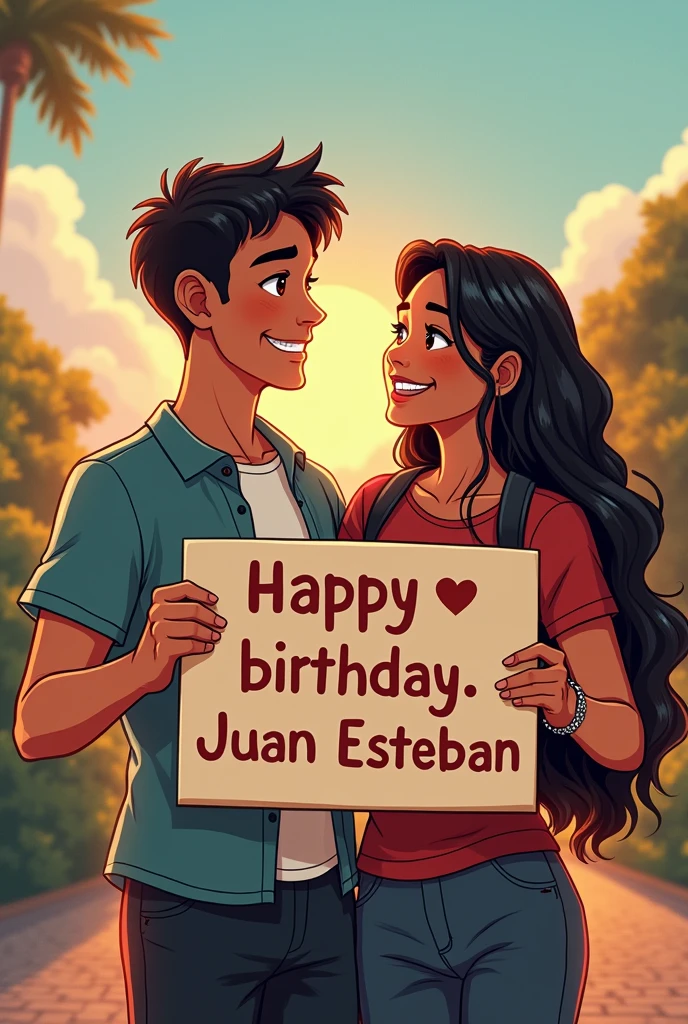 A young man with light brown skin and dark reddish brown eyes , a little muscular and short hair happy called Juan Esteban Gutiérrez Ortiz because in front of him is his friend Danna with dark skin, dark brown eyes and very long hair down to her tail (women) young man holding a sign that says "Happy birthday Juan Esteban ⁠♡" that they look at each other&#39;s faces with joy and in the background there is a landscape that represents that joy and that they have a nice matching outfit , but they look younger and the boy is like flirtatious and with hair a little shorter And the young girl looks a little younger with a submissive face, Well, they are looking slightly at the camera here in front. , This image is perfect, I need the poster to be more colorful and happy and what it says "Happy birthday Juan Esteban" This one with degraded and very epic letter and that they look towards my first perspective, The young Juan boy is slightly muscular and with the hair on top a little shorter, They both look around 15 years old, Perfect, I need the young man&#39;s hair to be shorter on the top of the man&#39;s head. I need them to be a little younger, about ., but they are holding the epic poster  , I need the young man&#39;s hair to be a little shorter on the top of his head please I need this professionally , that they look over here at the camera and that the girl has braces ,I need them both to have red handcuffs, It&#39;s perfect but the young man needs his nose to be a little less than perfect and to look manly. I need him to have attractive features but they shouldn&#39;t be so close because they are friends and don&#39;t forget that the most essential thing is the poster. But please let the young man look like a man, I mean you&#39;re creating a young faggot for me.
