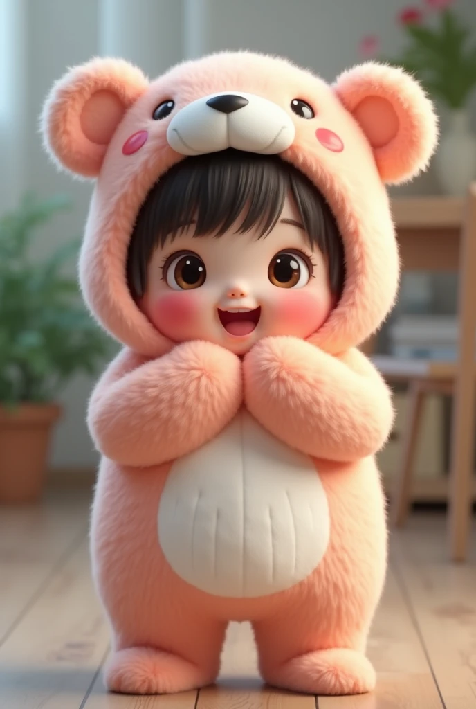(girl),(()) ,3d images ,Highest quality 8K ,Chubby body shape,((Very fat)),Pink cheeks,podgy,Good mood,((Greetings)),((Put your hands together)),((Open your eyes.)),Put on a stuffed animal costume,Balanced lighting,blurred background,Middle of the picture