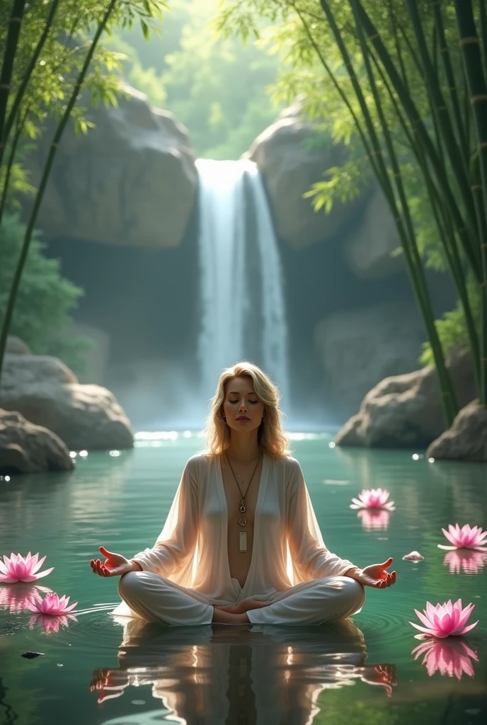 Generate a lake with lotus flowers floating in the middle, a woman meditating with a triskel on a chain hanging from her neck, her clothing a transparent middle-aged tunic, her hair dark blonde, in the background a waterfall and around the lake a lot of bamboo
