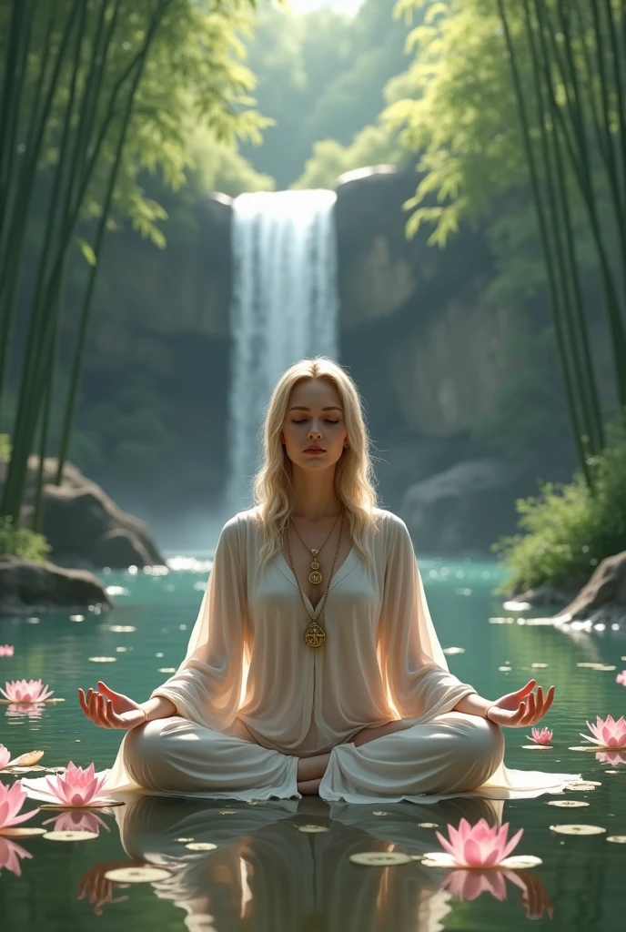 Generate a lake with lotus flowers floating in the middle, a woman meditating with a triskel on a chain hanging from her neck, her clothing a transparent middle-aged tunic, her hair dark blonde, in the background a waterfall and around the lake a lot of bamboo