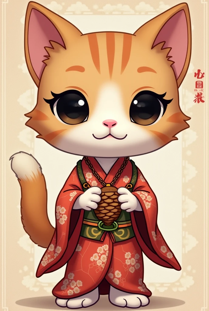 Funko cartoon style disney cat dressed as a geisha, around the neck a necklace with a pine cone in the center, lovely oriental eyes 