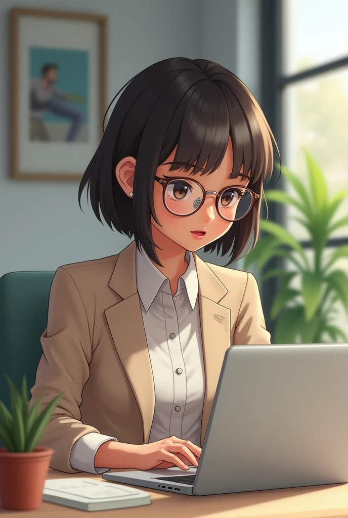 An 1 girl, short hair, with a laptop open, working in an office, she have short hairs, light brown skin tone, wearing professional but cute clothes which are not short, using round spectacles, she is cute and pretty. Not chubby but not toouch thin a little bit muscular