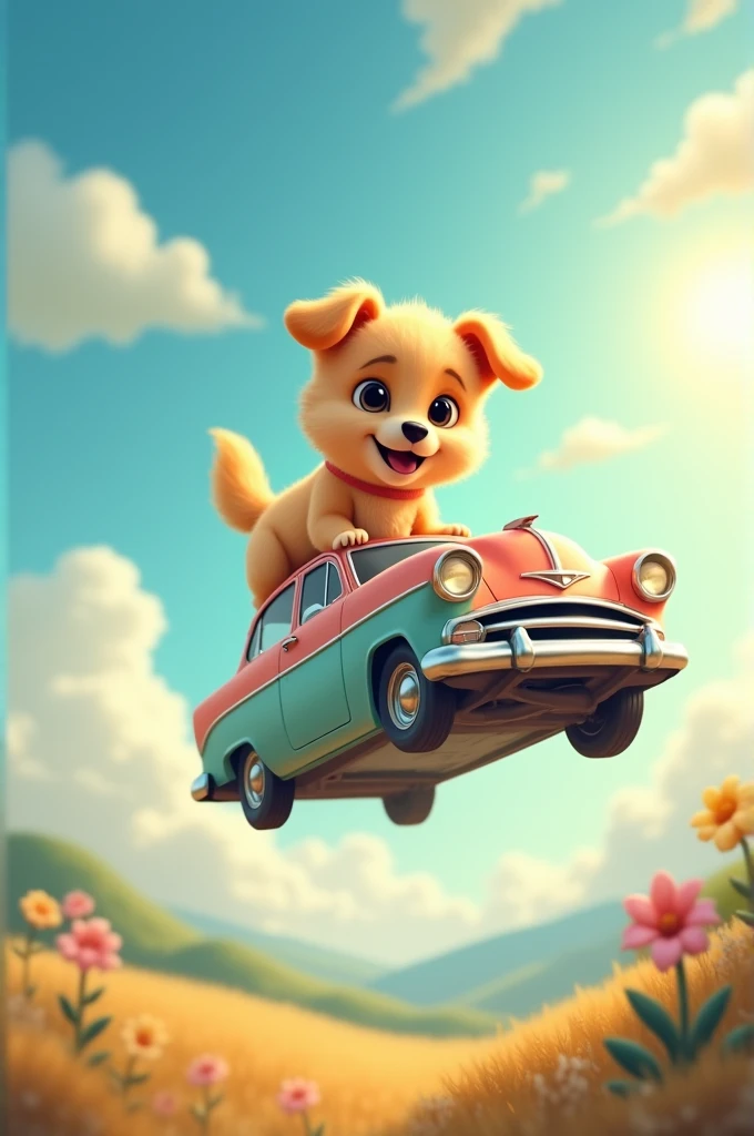 Make an image in which a cute small dog flying with car