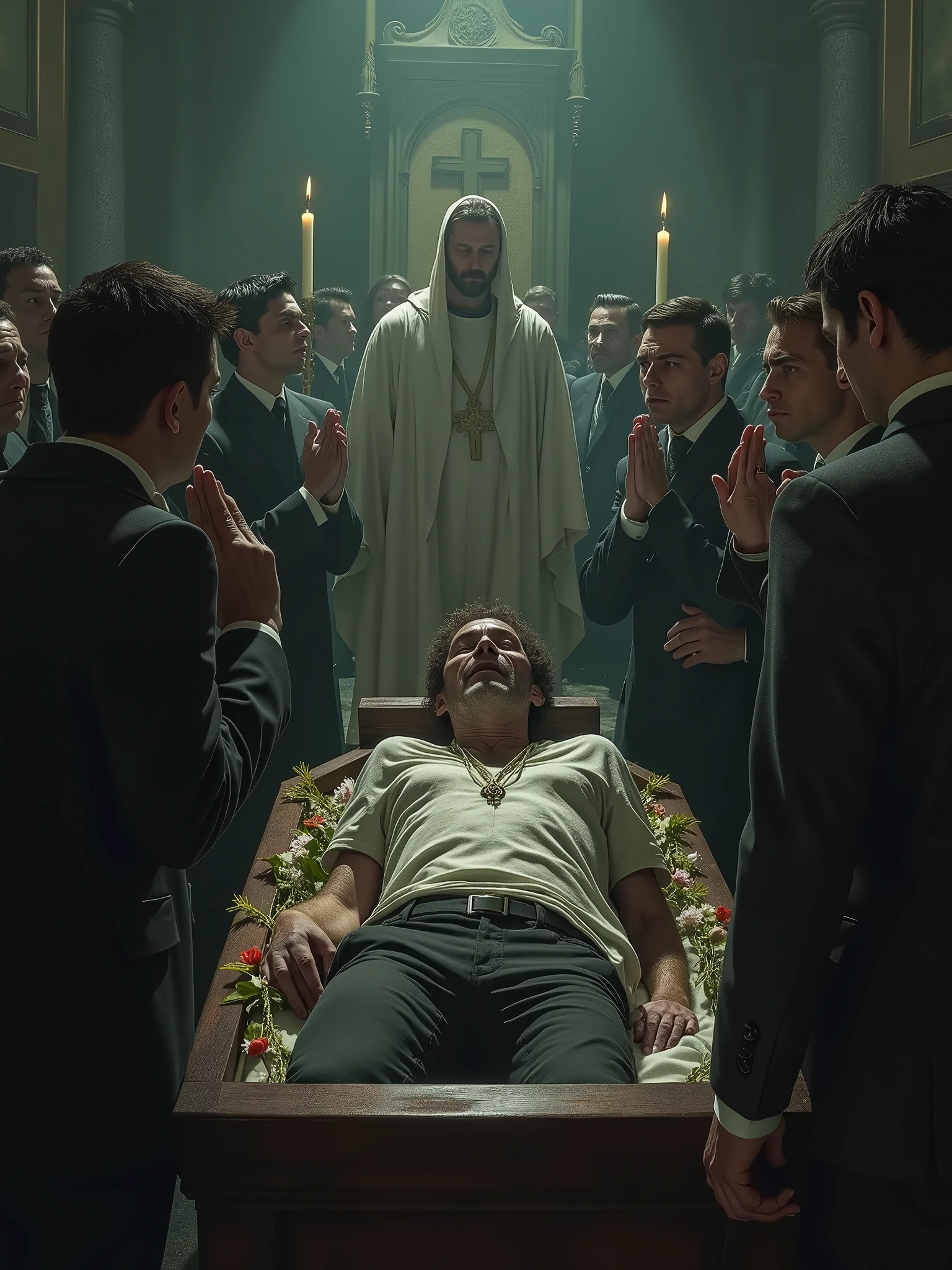 Para criar uma imagem realista de uma pessoa com depressão se levantando de seu caixão durante um velório, com as pessoas ao redor reagindo assustadas e chorando, use o seguinte prompt:
```json
{
"prompt": "A realistic image of a funeral scene. A person, who appears pale and gaunt, with dark circles under their eyes, is rising from their coffin in the middle of the funeral. The atmosphere is tense, with mourners around them, some crying in shock and fear, while others look terrified. The funeral setting is dimly lit, with flowers, candles, and a priest in the background. The overall mood is eerie and somber, capturing the unexpected and unsettling moment of someone coming back to life in the middle of their own funeral.",
"size": "1024x1024"
}
```