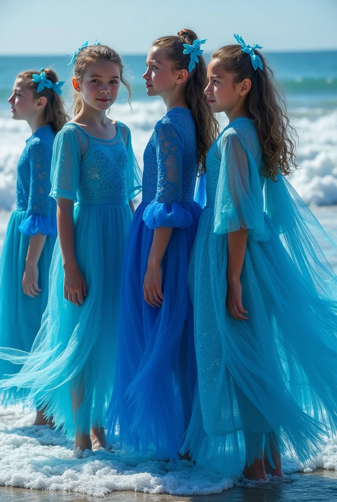 Costumes for teenage boys and girls.Varied shades of blue**: The blue refers to the sea and the drops, as in the song lyrics. Different shades can be used to represent individuality within the same unit..