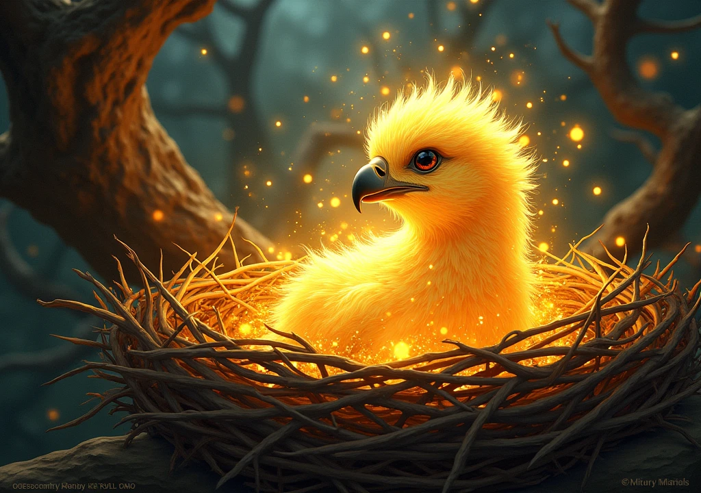 A golden-feathered baby eagle emanating radiant lights around the scene inside a nest, the eagle is surprised looking at its beautiful feathers, in the scene where the golden feathered eagle is, it&#39;s night, I want the image to have vibrant and very striking colors, comic book style