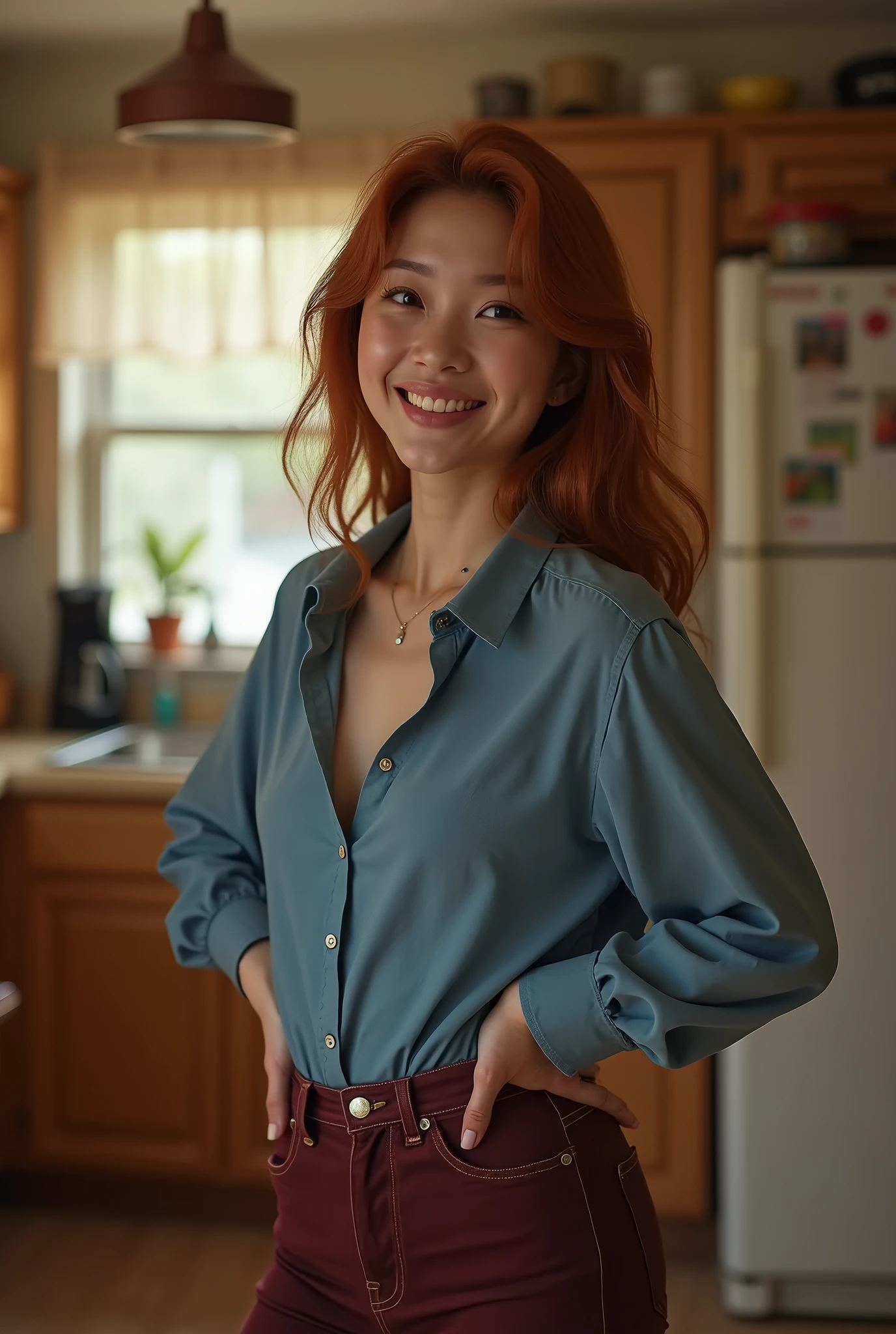 (best quality,4k,8k,highres,masterpiece:1.2),ultra-detailed, 1woman, Japanese woman, gyaru, five foot five inches tall, ginger colored hair, mole by her left eye, blue button up blouse, maroon jeans, wide hips, dancing around mid-western suburban american house, seductive pose, smiling lustfully, looking at viewer lovingly, ((intricate detail)),(((realism))), HDR, 8k, absurdres, cinestill 800, sharp focus, add_detail:2, (solo, woman)
