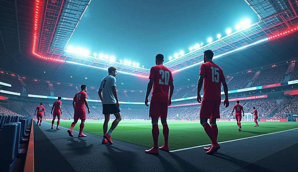intricate digital illustration of Premier League football players, complex futuristic soccer stadium, futuristic soccer stadium rules and regulations, highly detailed, cinematic lighting, hyper realistic, 8k, dramatic colors, moody atmosphere, complex technology, advanced sports analytics, complex data visualization, cutting edge design, seamless integration
