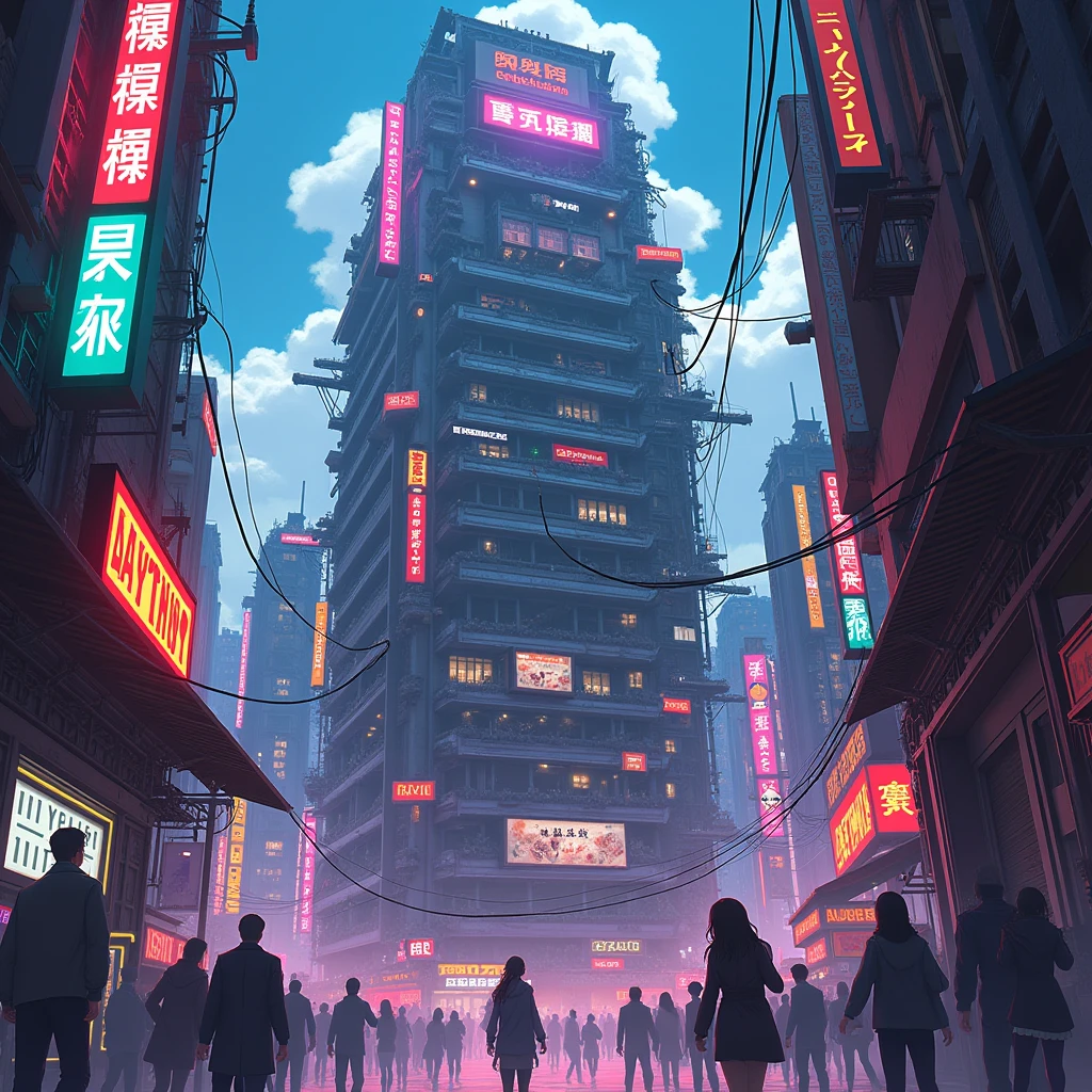 ((Highly detailed anime art)),Multi-story building,chaos,Looking up,Neon Signs,sf,colorful,Decadent,Slam,((masterpiece, Highest quality, Extremely detailed CG, unity 8k wallpaper )),(masterpiece, Highest quality, Highest quality, Official Art, beautiful),Very vivid,High-precision images,Ultra-high resolution,Great art,Poster Art,Impressive photos,Impressive art,beautiful顔,Perfect Face