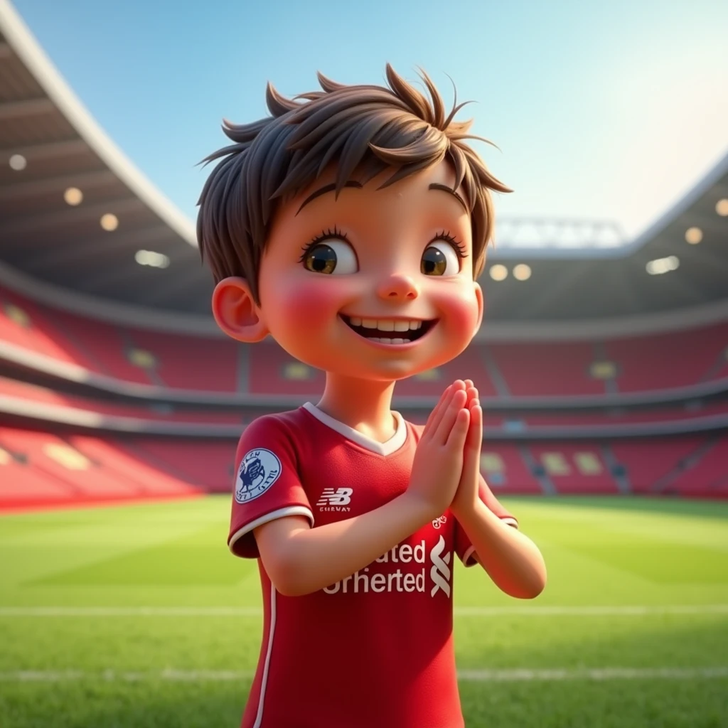 Cute kid smiles in Disney style, bows like a Thai and wears a Liverpool shirt. Standing in cartoon style. High quality dynamic photo, detailed and colorful. Realistic and colorful poses. The background is Andfield Stadium.
