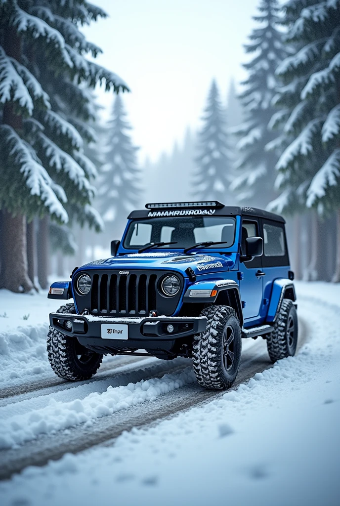 Mahindra Thar body kit blue and black in winter road along with trees