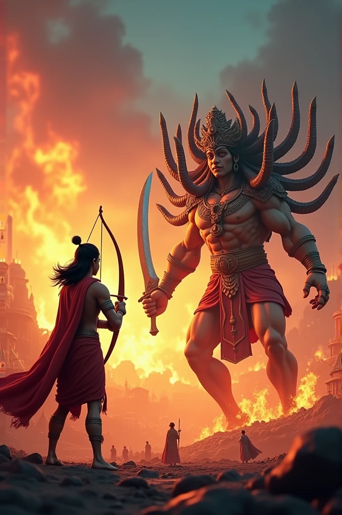 In cinematic 3D cartoon style” A dramatic scene from the Ramayana, showcasing the epic battle between Lord Ram and Ravana. In the foreground, Lord Ram, with his bow and arrow, stands heroically, his face determined and focused. Across from him, Ravana, with his ten heads and twenty arms, wields a mighty sword and shield, exuding power and menace. The background depicts the burning city of Lanka, with flames and smoke rising, while Rama's allies, including Hanuman and the Vanara army, are visible in support. The sky is filled with celestial beings watching the battle unfold, emphasizing the grandeur and significance of this epic confrontation.