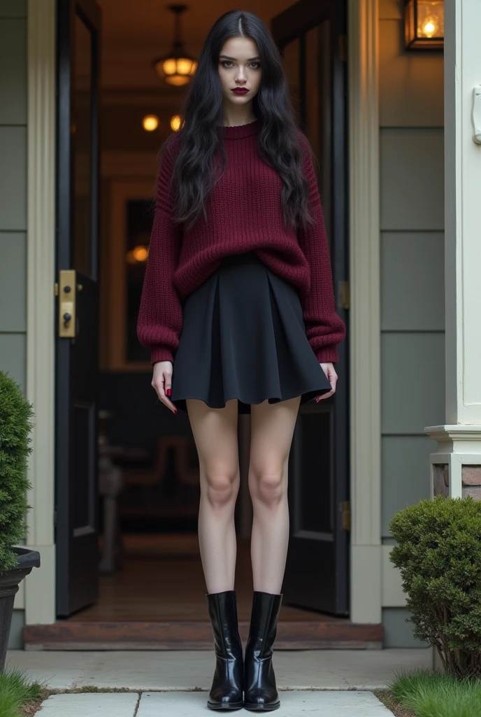 Jade West standing at Tori Vega&#39;s door dressed in a black skirt, wine colored sweater and black high heel boots 